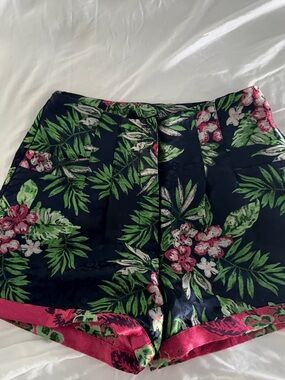 PatBO Navy Jacquard High-Waist Floral Shorts with Pink Trim